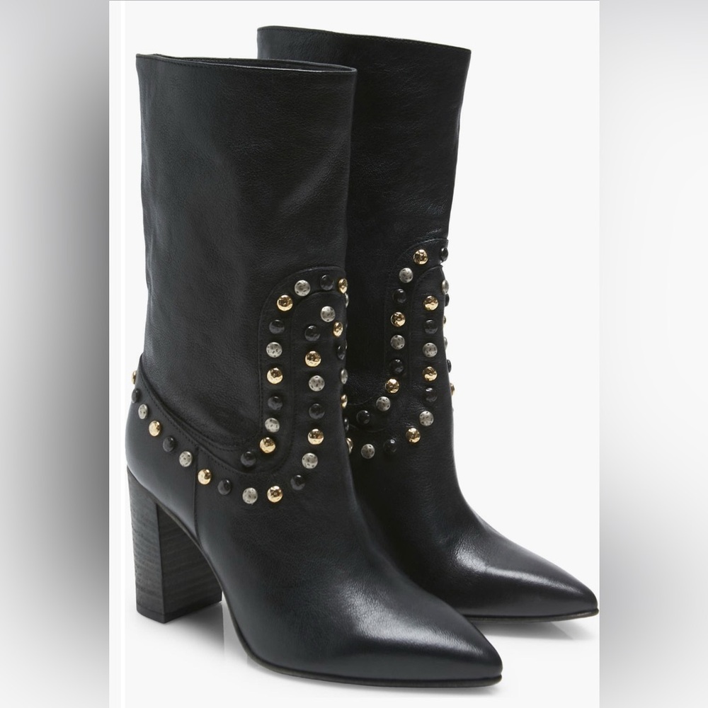 Free People Studded Dakota Heel Leather Boots Black Size 41 New